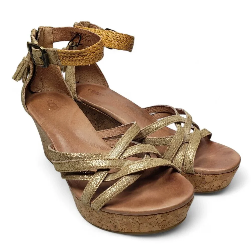 Ugg Lillie Platform Wedge Women's Metallic Gold Woven Strap Braided Ankle 9.5